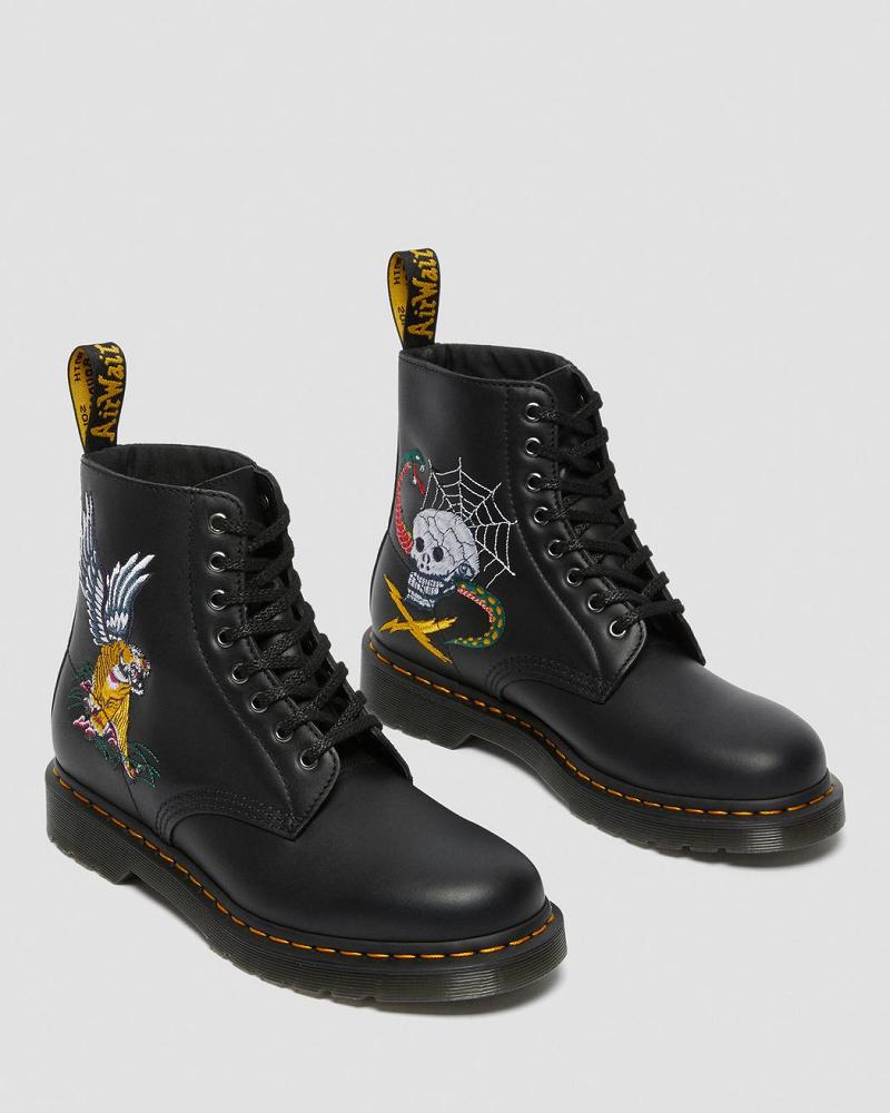 Black Men's Dr Martens 1460 Souvenir Embroidered Leather Ankle Boots | CA 415FDN